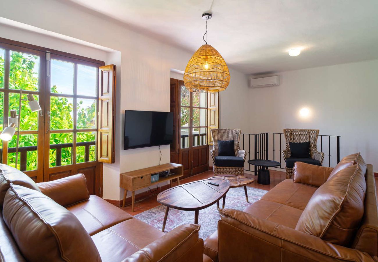 Spacious living/dining room with modern décor and comfortable sofas in Villa Lorca, Nerja.