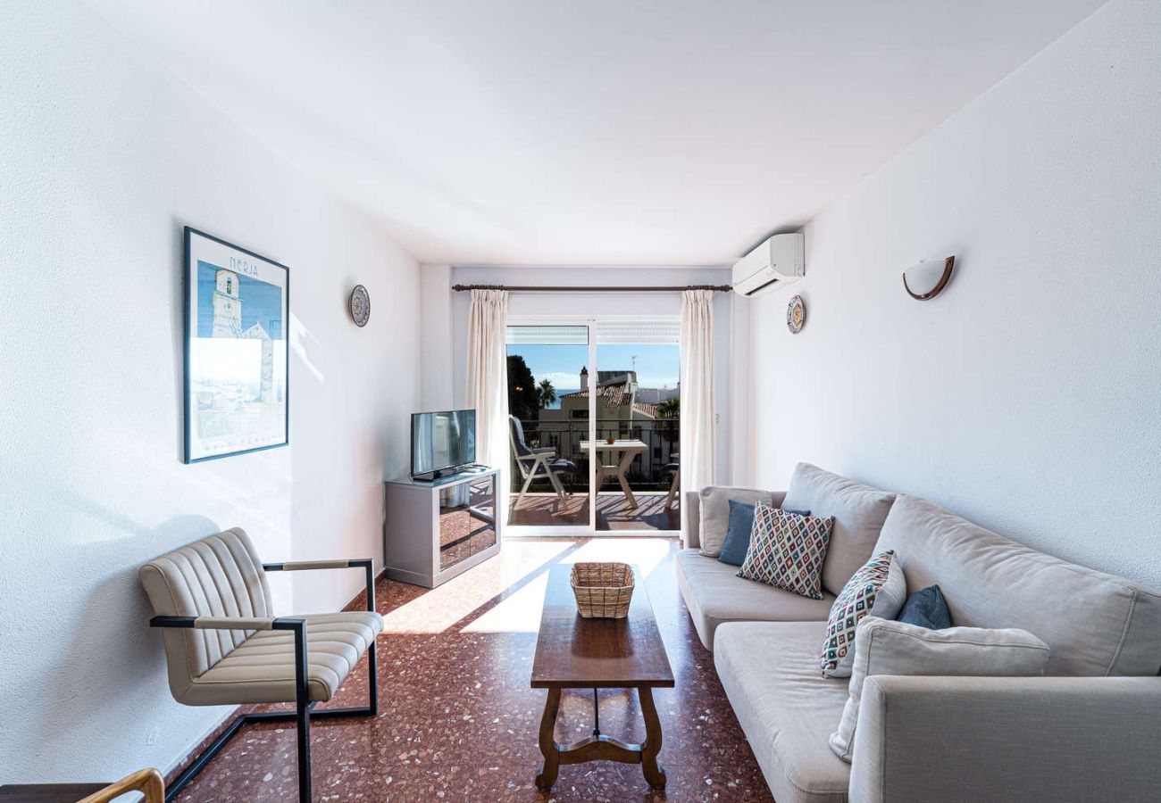 Living area of the flat in Nerja with sofa and natural light